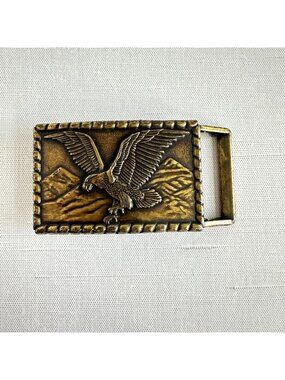 Vintage Brass Belt Buckle Soaring Eagle Mountains Rope Border Western